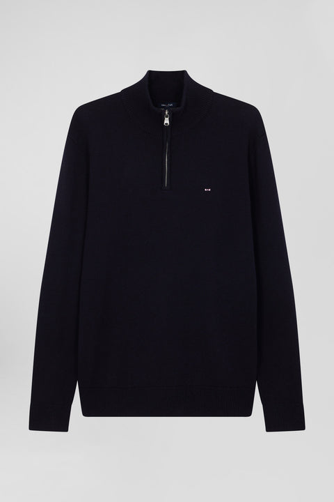 Regular navy blue semi-zipped wool and cotton jumper - Image 2