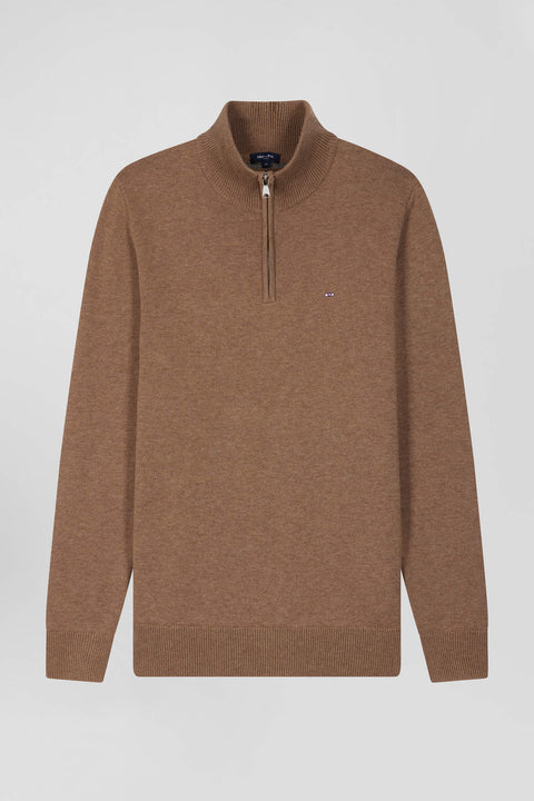 Regular brown semi-zipped wool and cotton jumper - Image 2