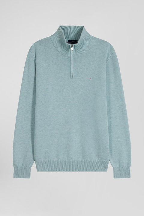 Regular green semi-zipped wool and cotton jumper - Image 2