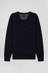Regular navy wool and cotton V-neck jumper with striped details