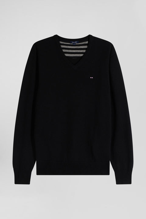Regular black wool and cotton V-neck jumper with striped details - Image 2