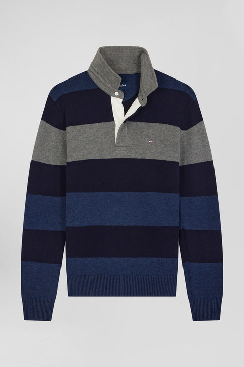 Regular navy blue striped wool and cotton jumper with rugby shirt collar - Image 2