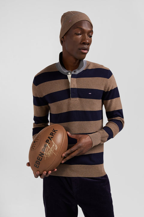 Regular brown striped cotton and cashmere jumper with rugby shirt collar - Image 3