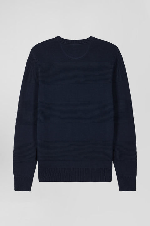 Regular navy blue cotton crew neck jumper with knit patterns - Image 2