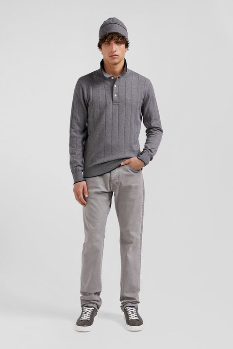 Regular grey cotton and cashmere jumper with rugby shirt collar - Image 1