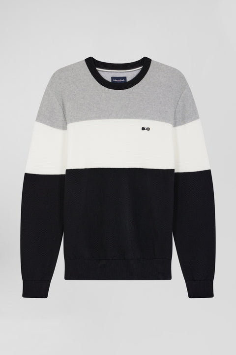 Regular grey and white cotton crew neck jumper with knit patterns - Image 2