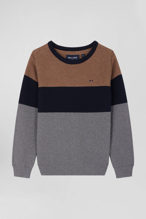 Three-tone round-neck sweater in hazelnut cotton, regular fit - Image 2