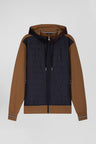 Two-material zip-up sweatshirt with quilted trim in hazelnut and navy Regular fit