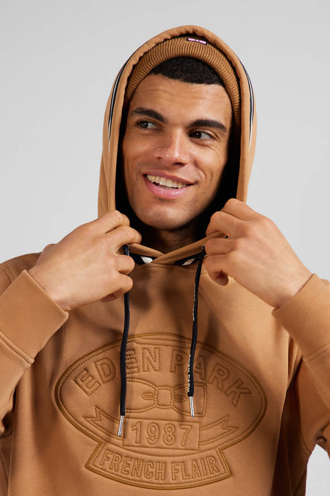 Relaxed camel cotton blend hoodie with padded embroidery - Image 3