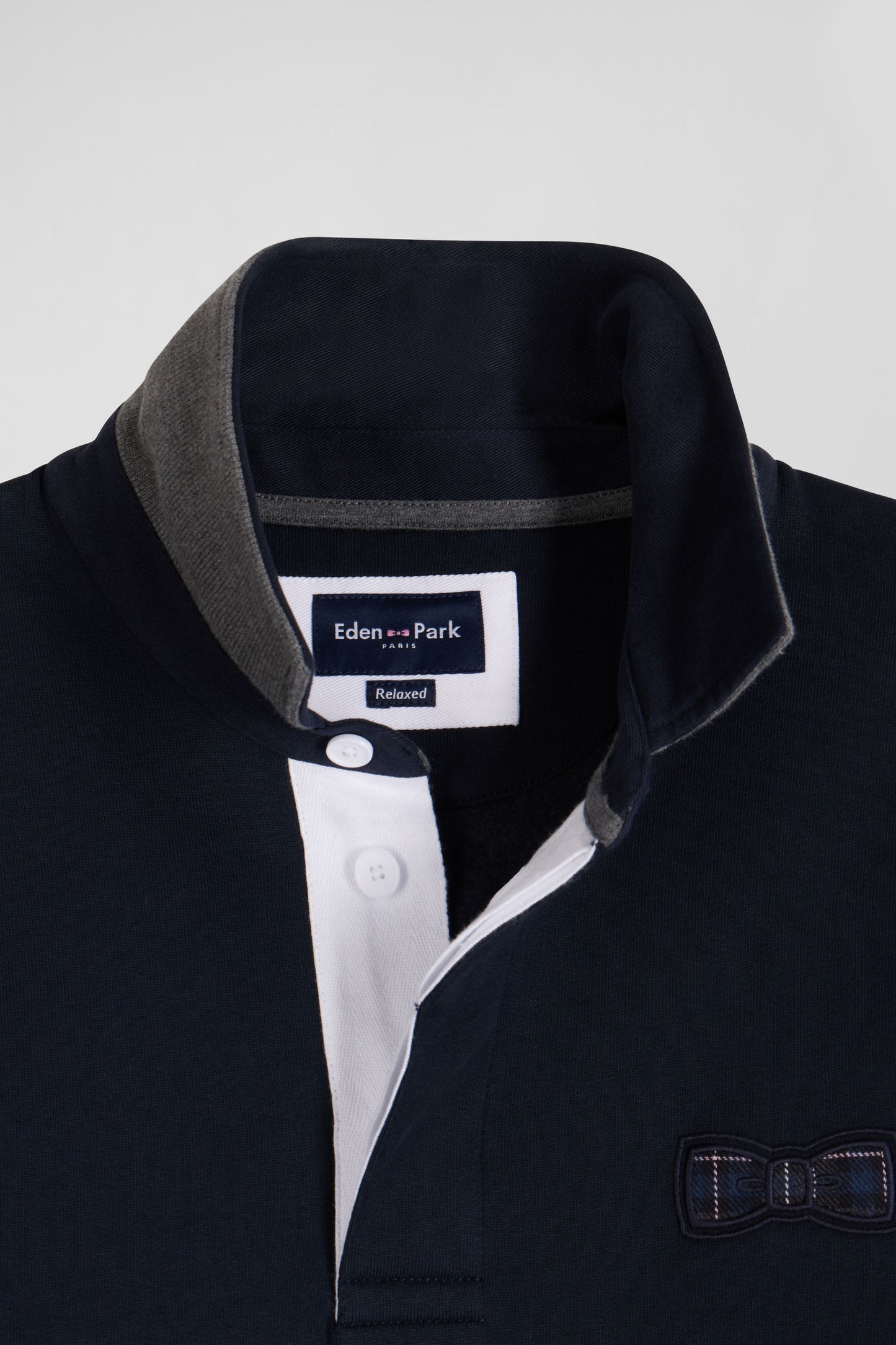 Relaxed navy blue cotton blend sweatshirt with checked patchwork and rugby shirt collar