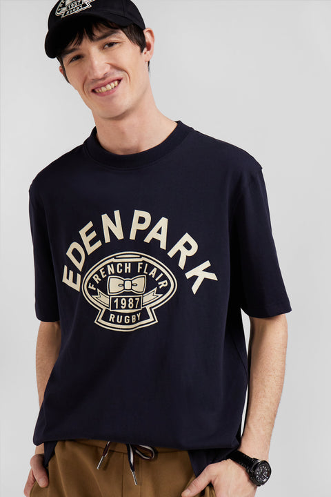 Oversize navy short-sleeved cotton T-shirt with Eden Park Rugby print - Image 3