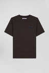 Regular brown short-sleeved cotton T-shirt with tie patchwork emblem