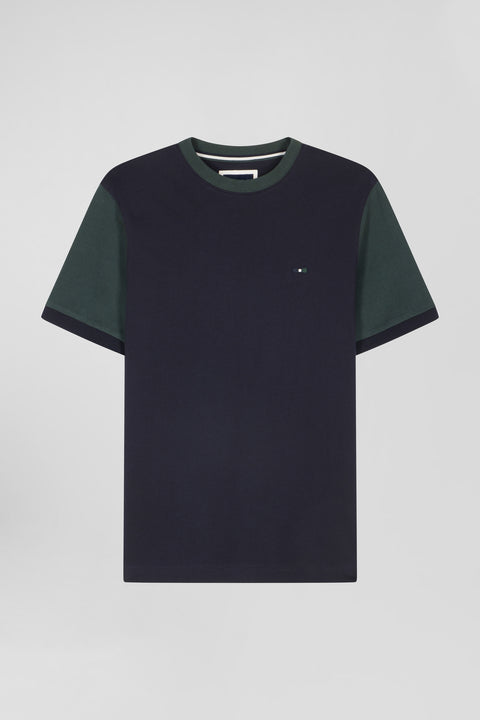 Regular green cotton T-shirt with short contrasting sleeves - Image 2