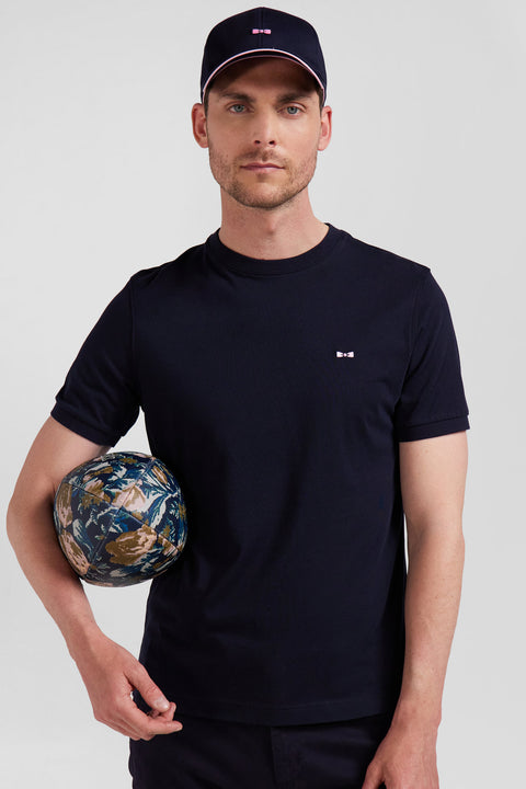 Regular navy short-sleeved cotton T-shirt with back emblem embroidery - Image 3