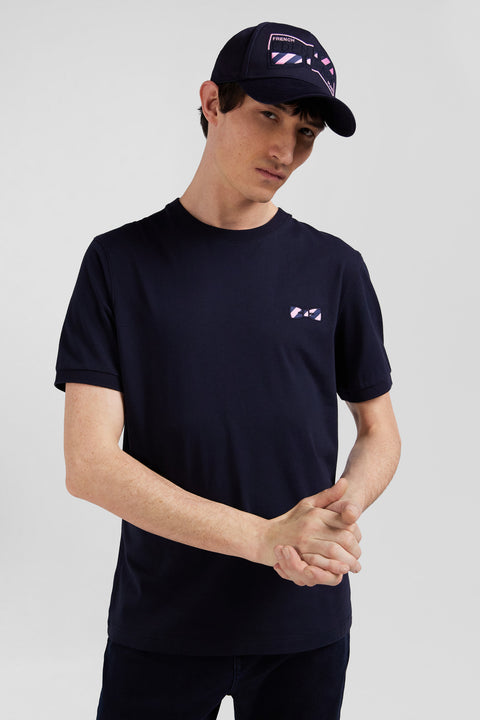Regular navy short-sleeved cotton T-shirt with striped embroidery - Image 3
