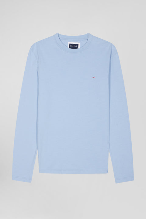 Regular sky blue long-sleeved cotton T-shirt with floral back patch - Image 2