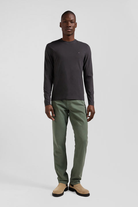 Regular khaki long-sleeved cotton T-shirt with floral back patch - Image 1