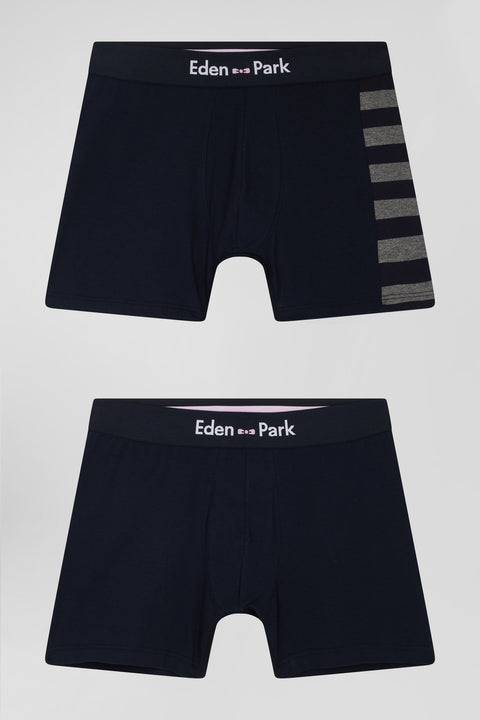 Set of 2 navy blue stretch cotton boxers with grey stripes - Image 1