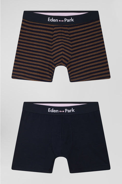 Set of 2 brown and striped stretch cotton boxers - Image 1