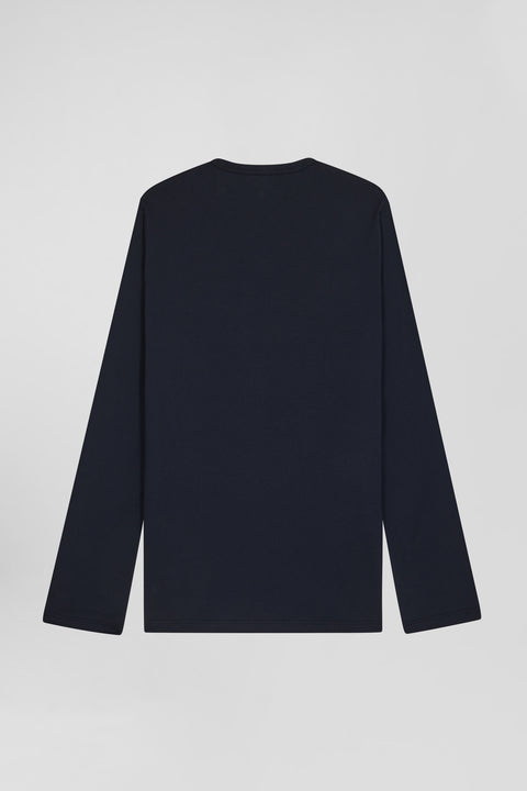 Navy blue long cotton pajamas with check trousers - Image 3