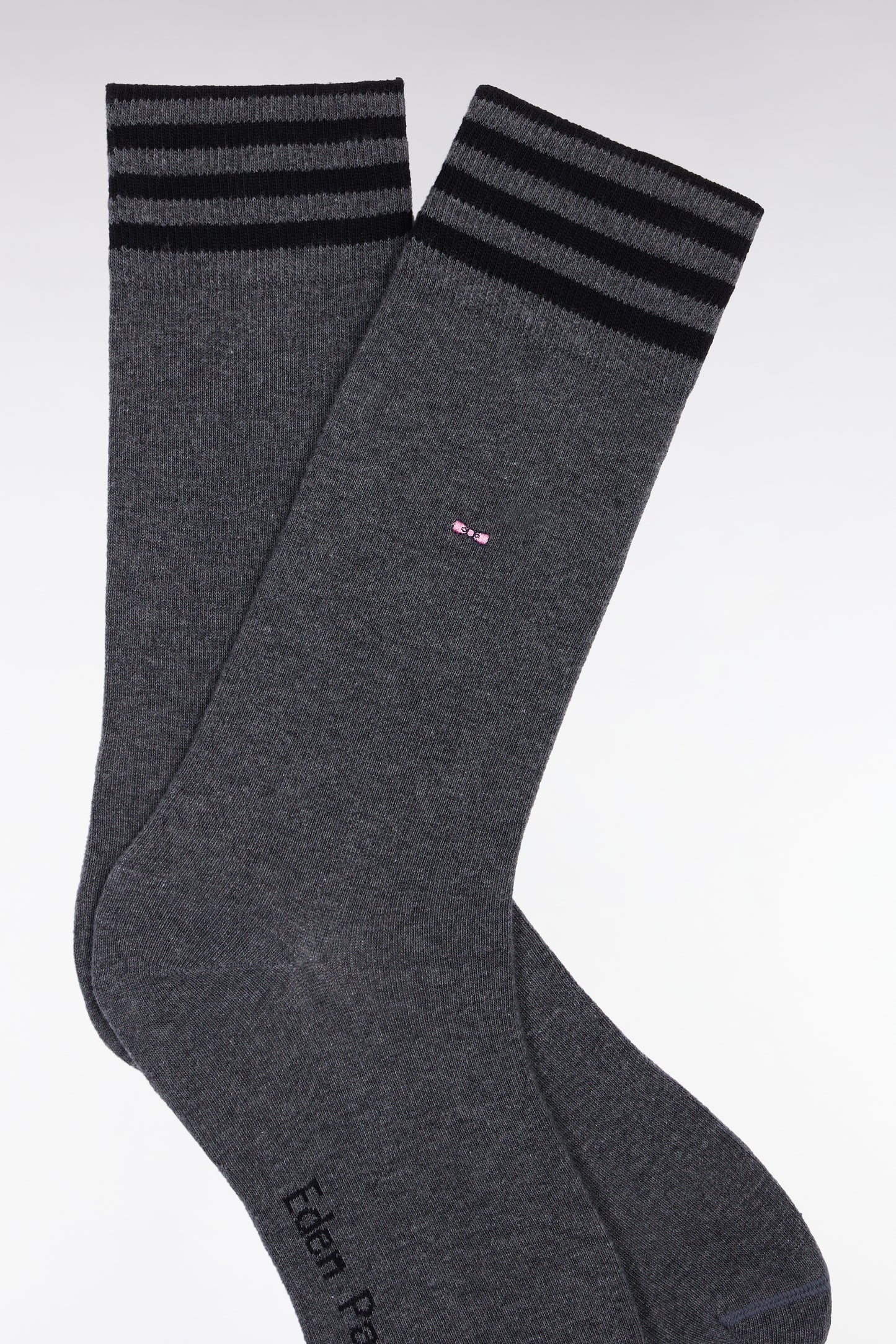 Grey stretch cotton blend socks with striped trim