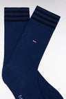 Blue stretch cotton blend socks with striped trim