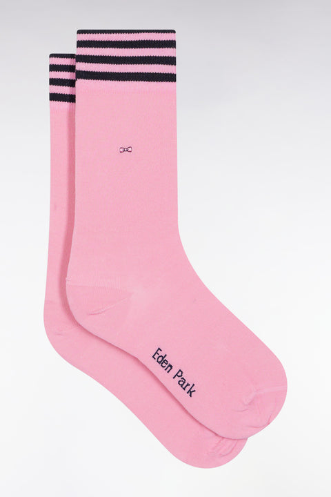 Pink stretch cotton blend socks with striped trim - Image 1