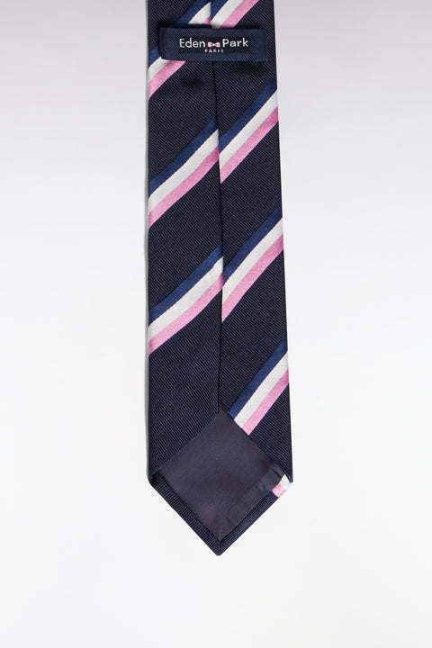 Navy silk tie with tricolored stripes - Image 2
