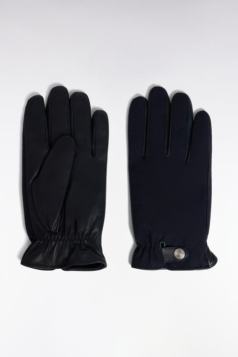 Leather and navy herringbone gloves - Image 1