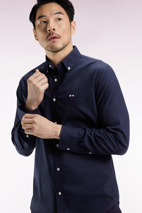 Navy cotton shirt with pink embroidery, straight cut - Image 1