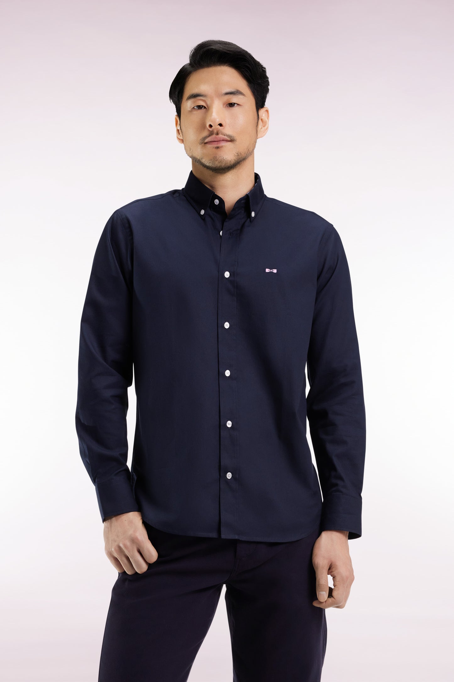 Navy cotton shirt with pink embroidery, straight cut