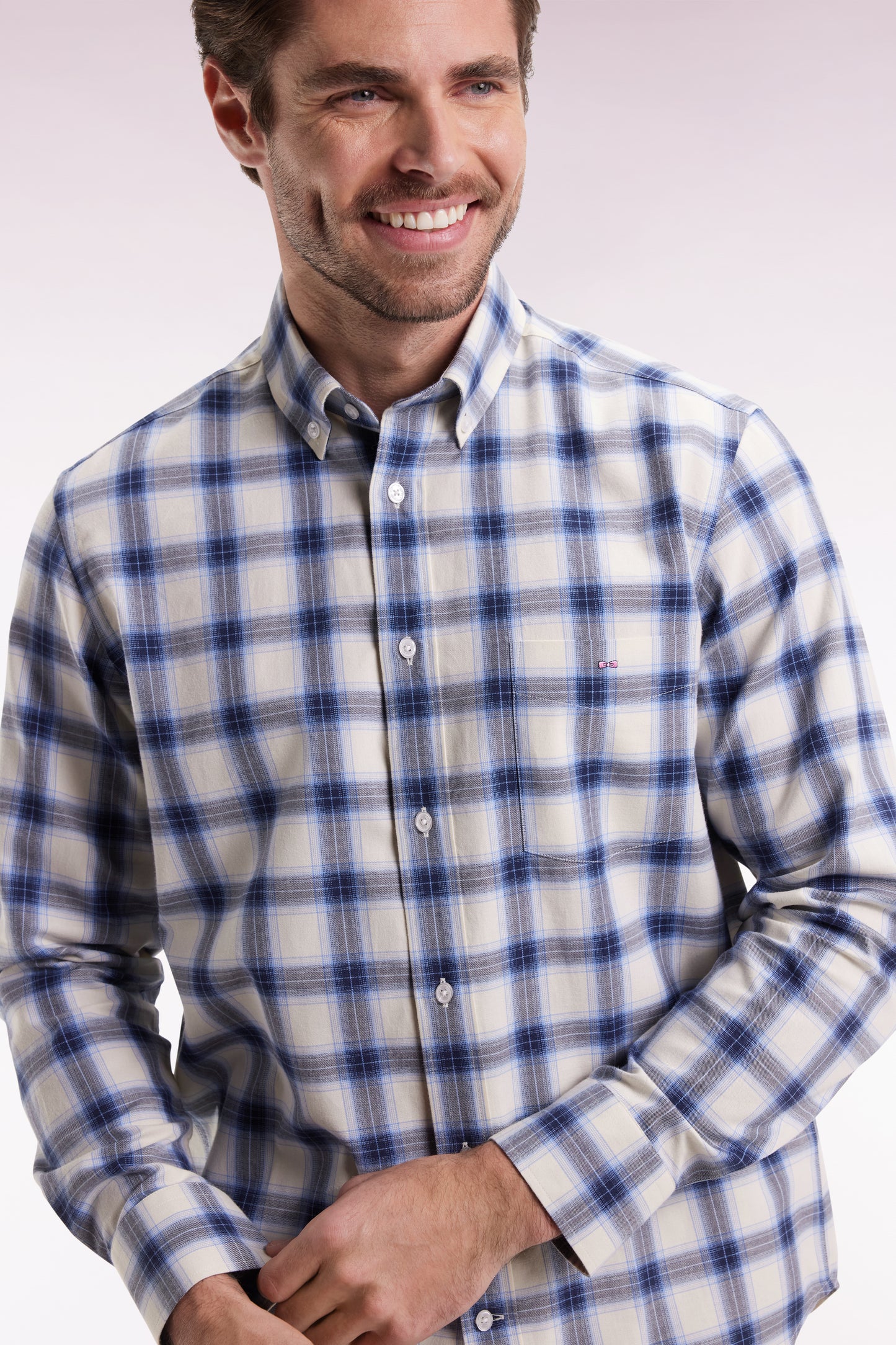 Chemise à carreaux en coton ciel coupe droite