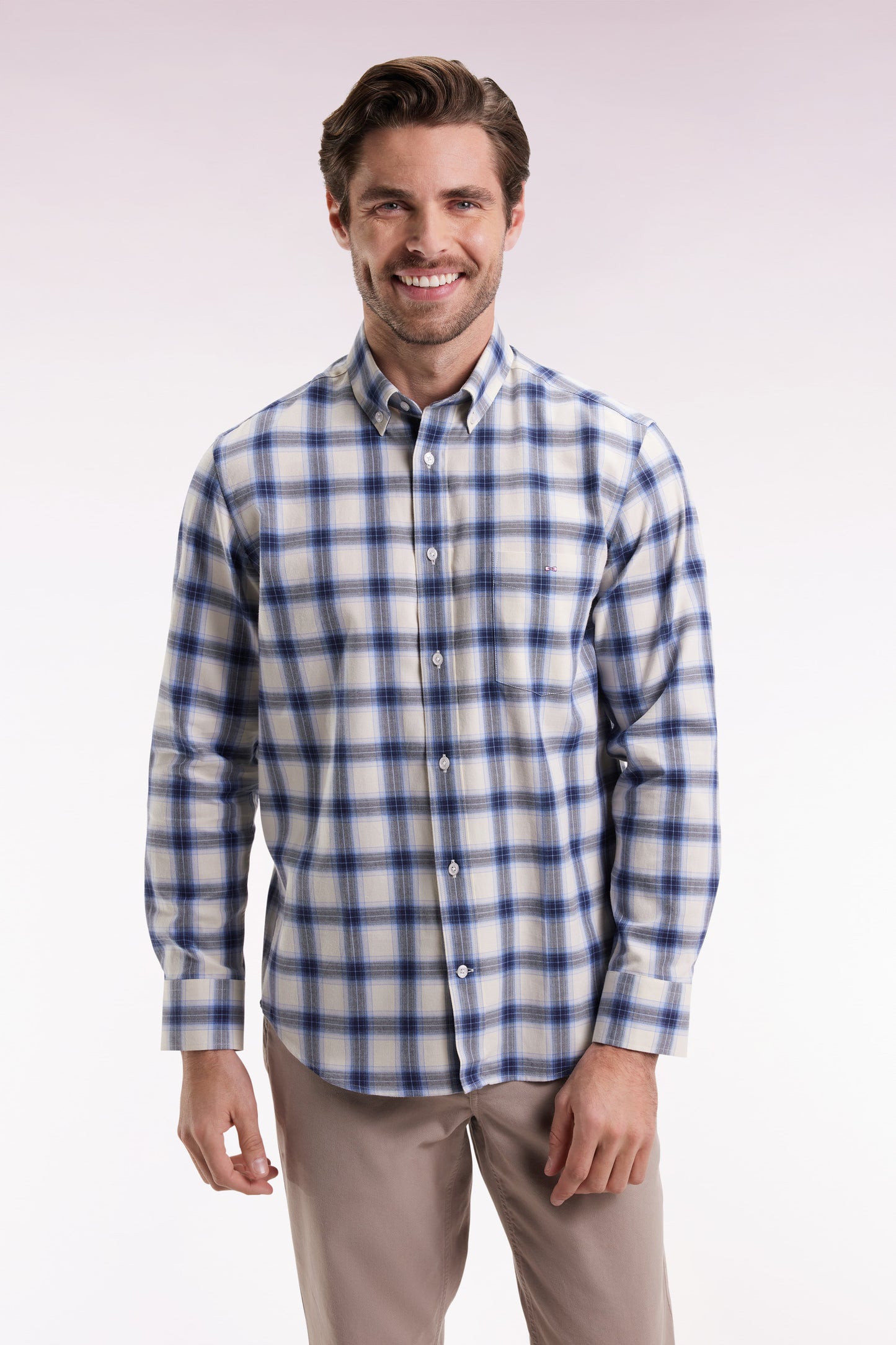 Chemise à carreaux en coton ciel coupe droite