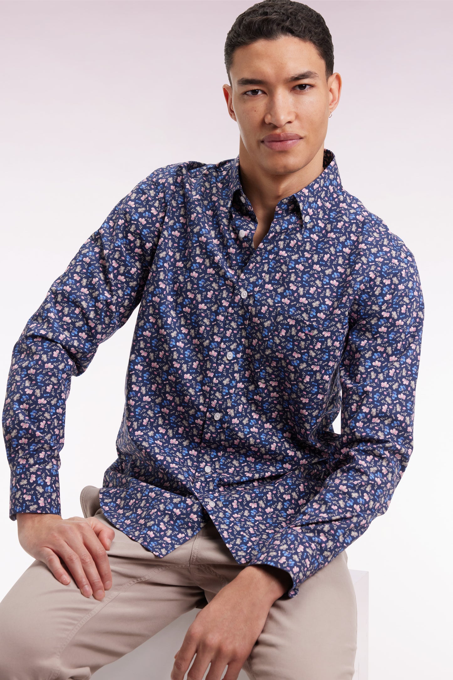 Blue cotton shirt with floral micropatterns, straight cut