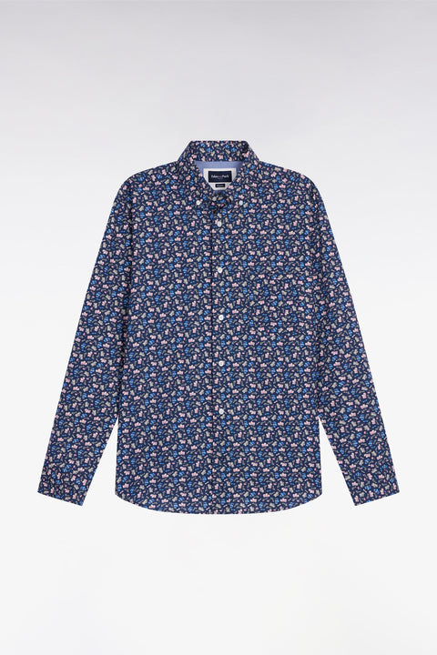 Blue cotton shirt with floral micropatterns, straight cut - Image 2