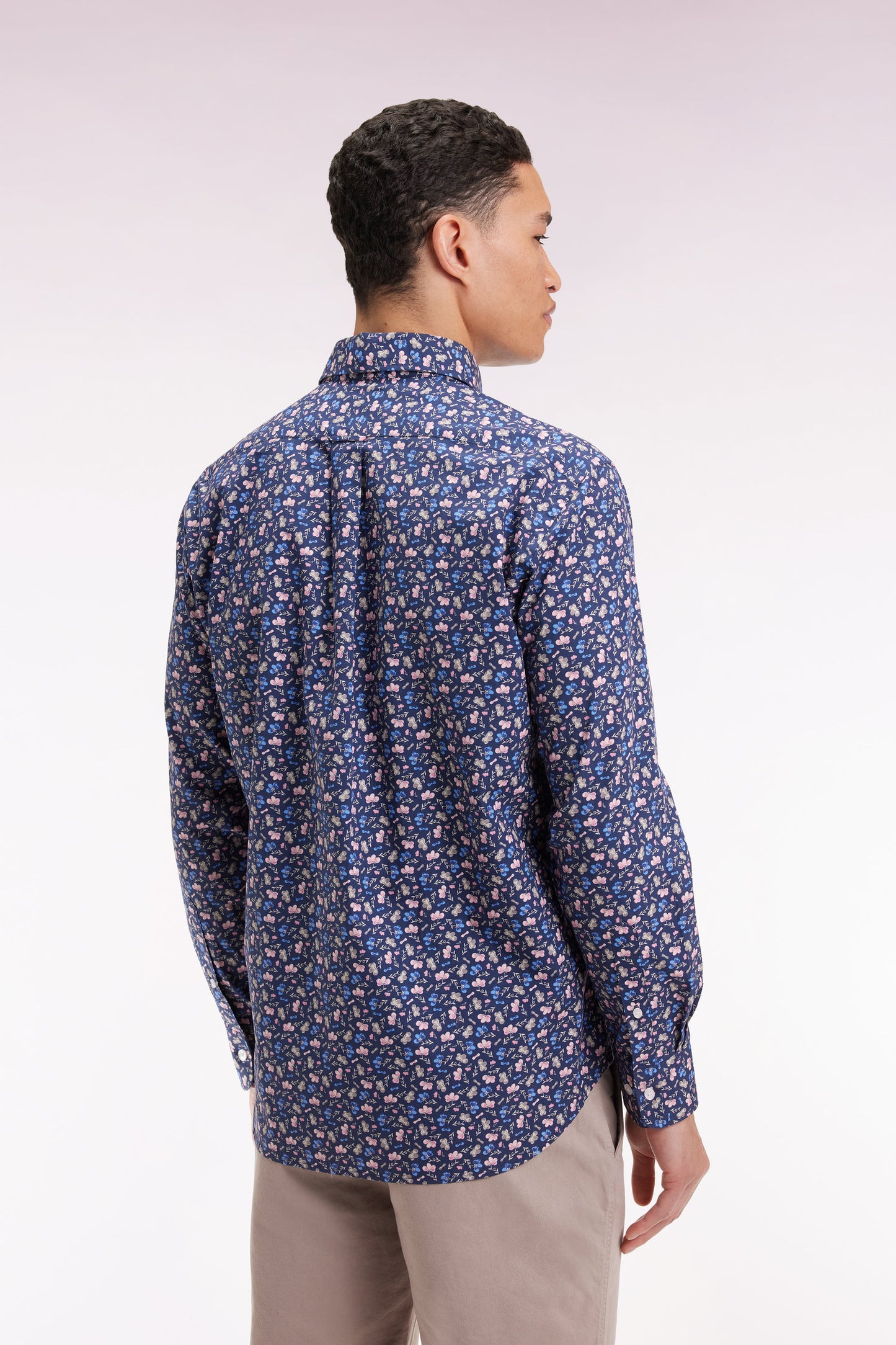 Blue cotton shirt with floral micropatterns, straight cut