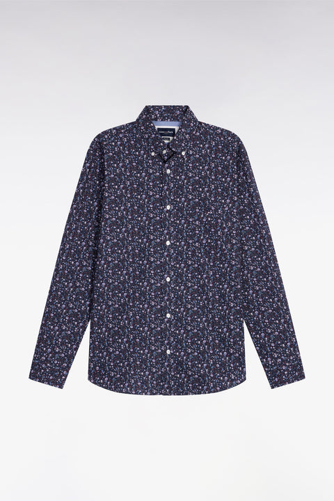 Navy cotton shirt with floral micropatterns, straight cut - Image 2
