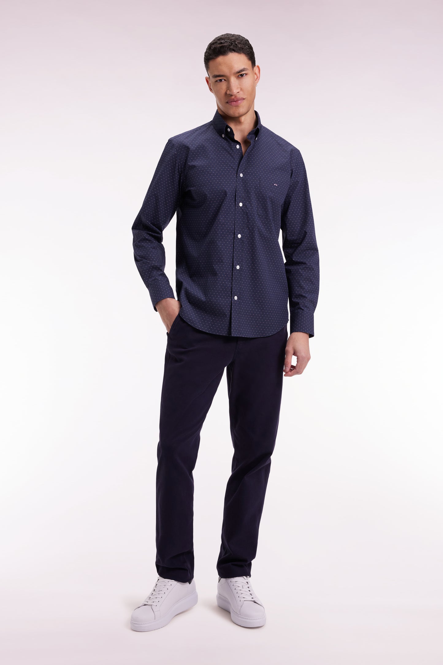 Cotton shirt with pink bow tie micropatterns, straight cut