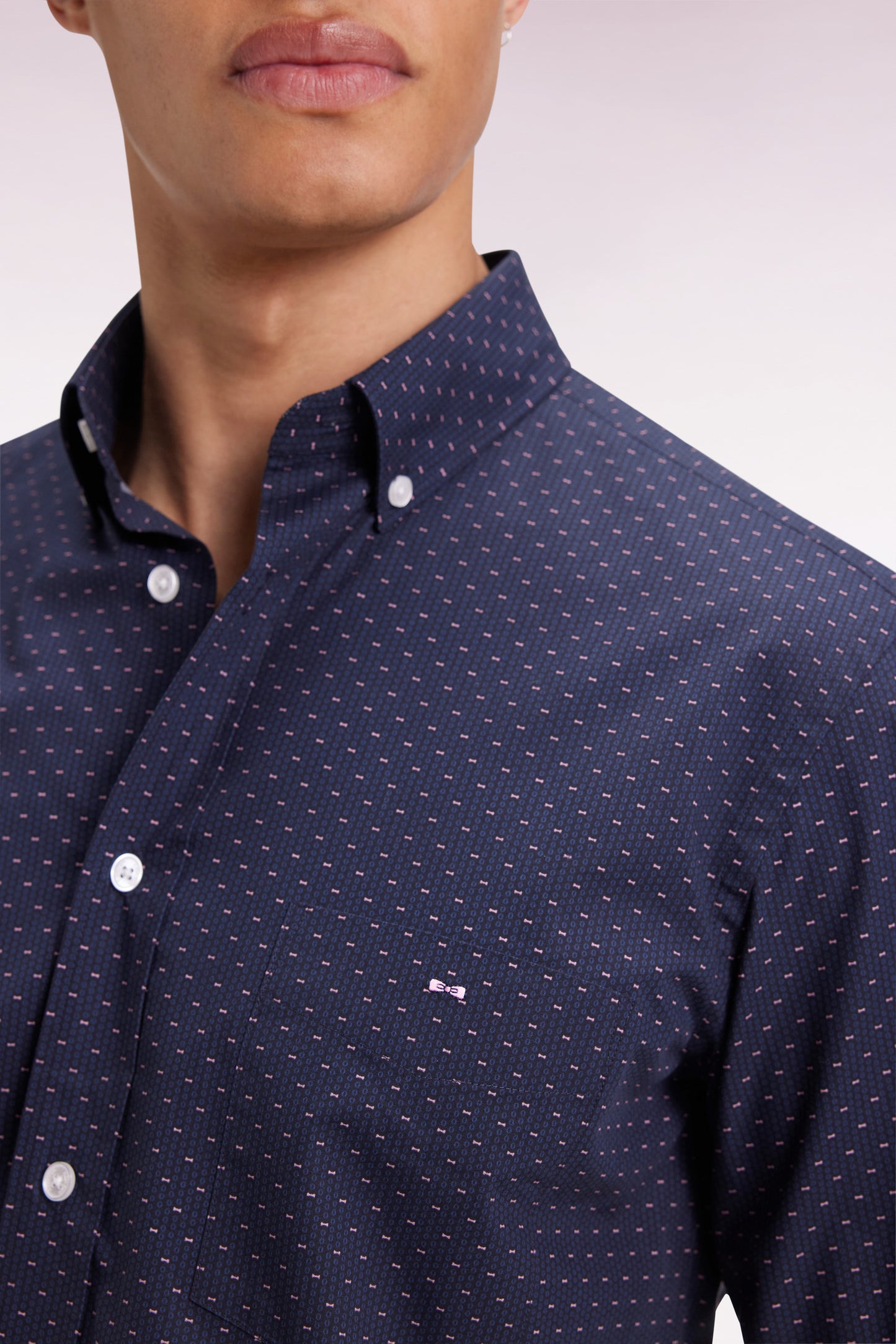 Cotton shirt with pink bow tie micropatterns, straight cut