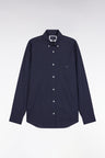 Navy cotton shirt with micropatterned bow tie, straight cut