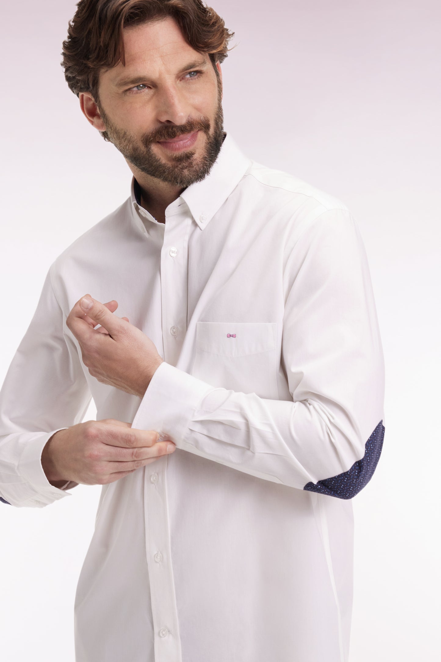 White cotton shirt with printed elbow patches, straight cut