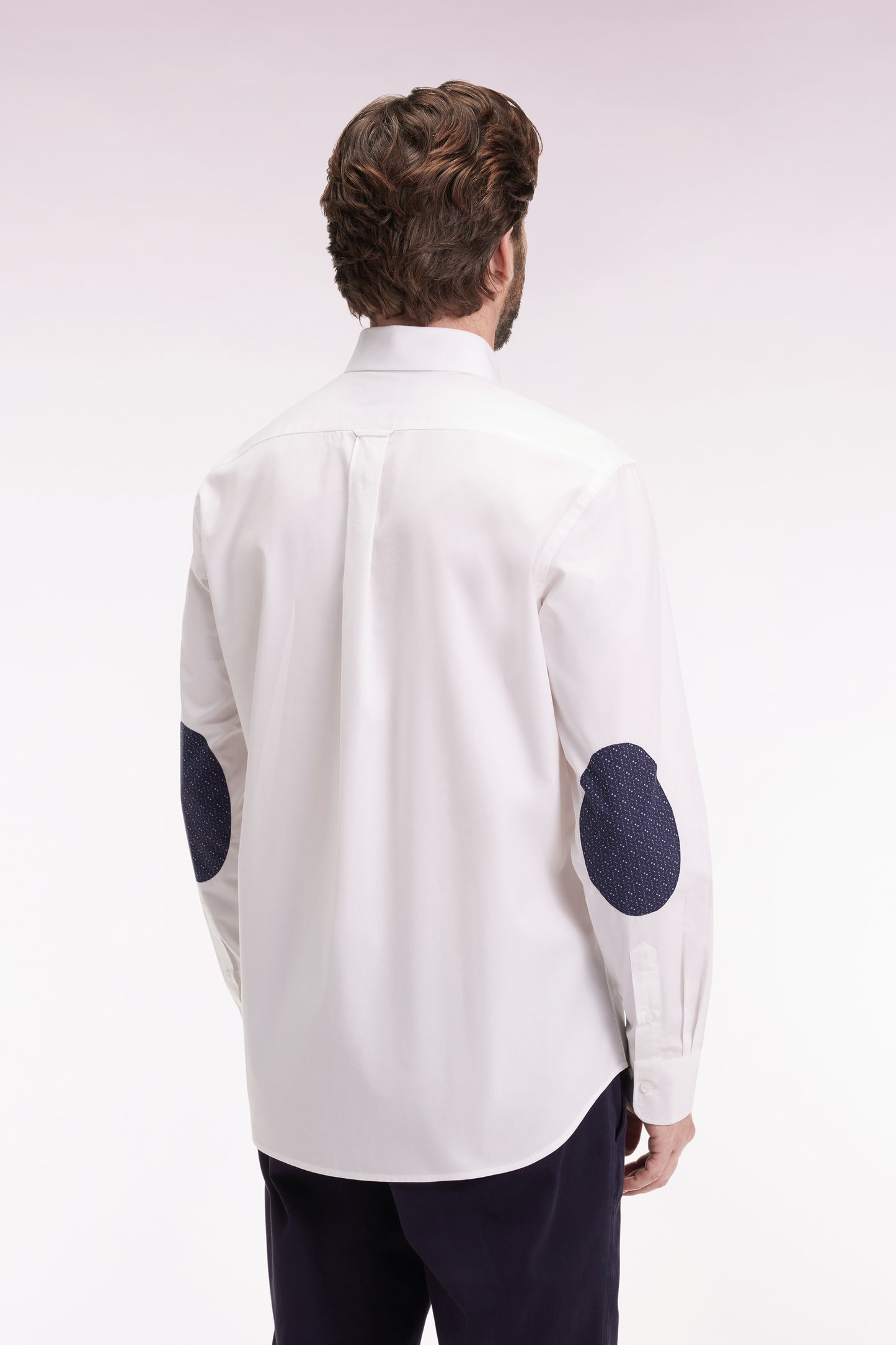 White cotton shirt with printed elbow patches, straight cut