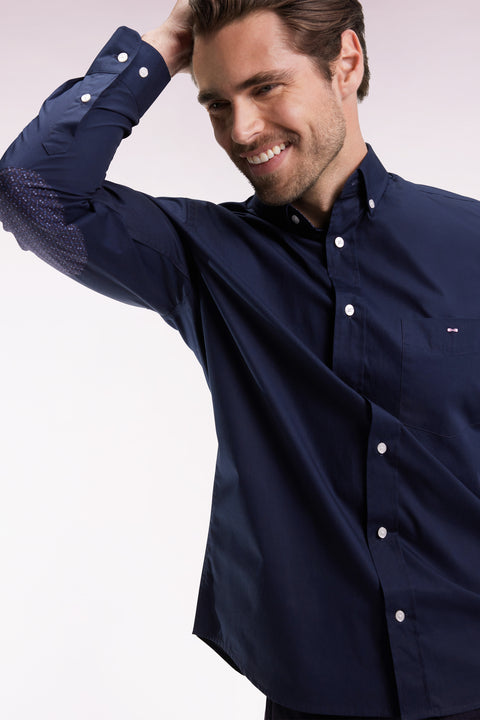 Navy cotton shirt with printed elbow patches, straight cut - Image 1