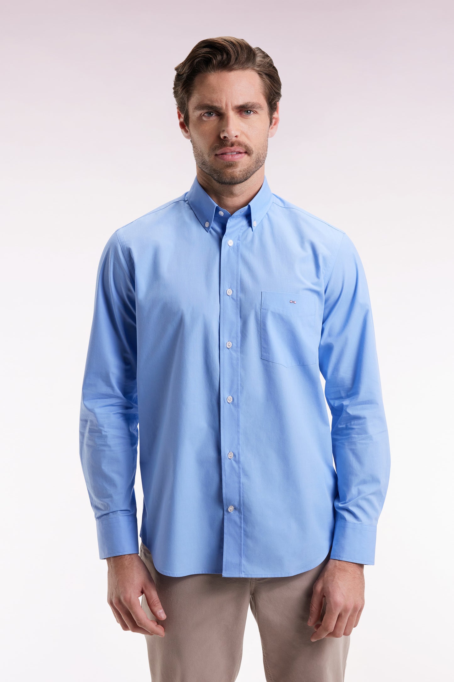 Sky cotton shirt with printed elbow patches, straight cut