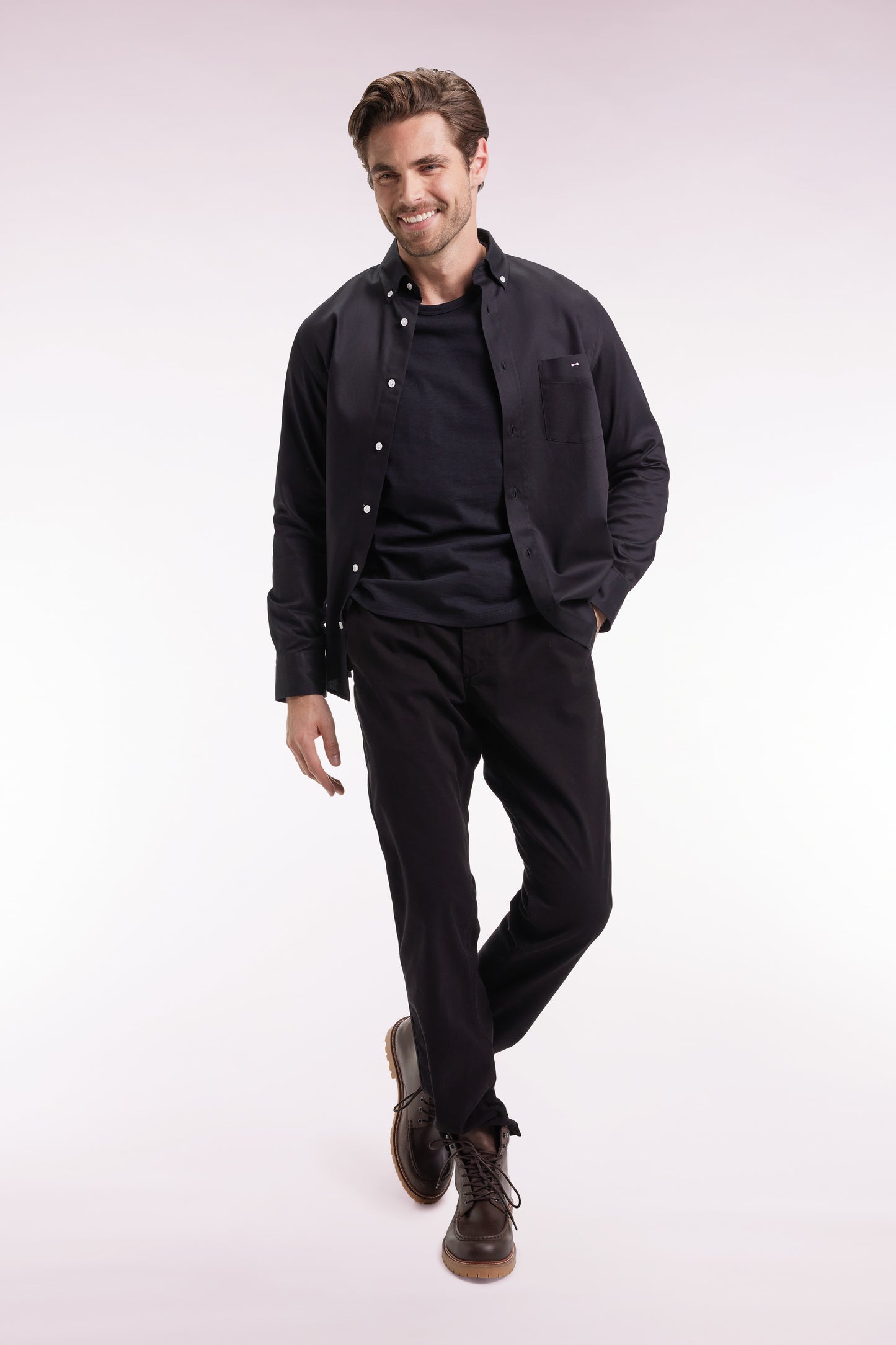 Black piqué cotton straight-cut shirt