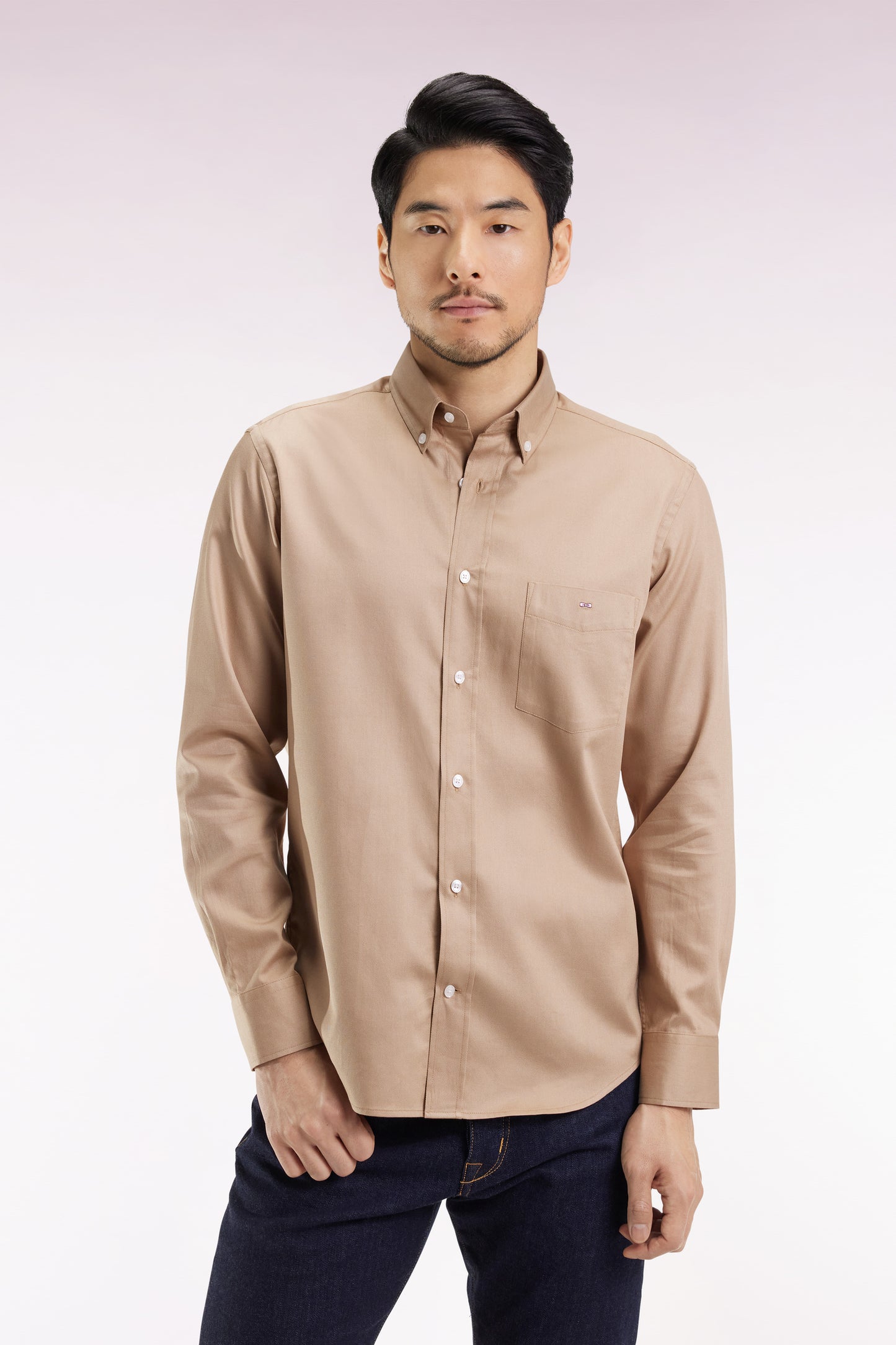 Beige piqué cotton shirt, straight cut