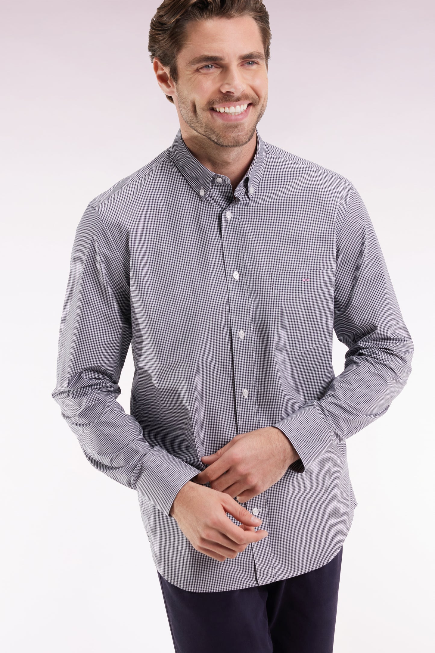 Navy cotton poplin gingham shirt, straight cut