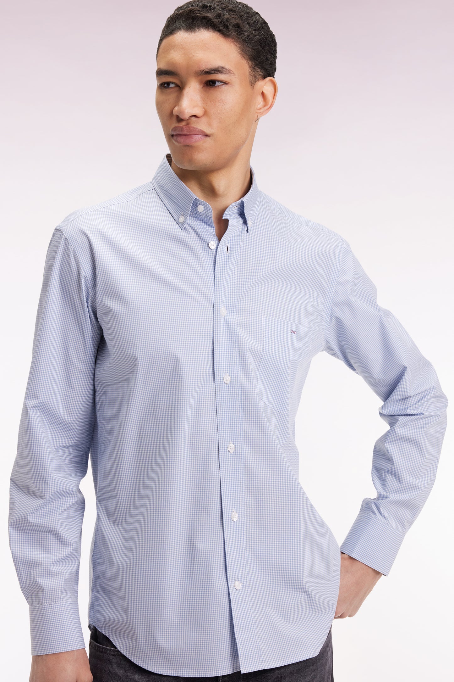 Blue cotton poplin gingham shirt, straight cut