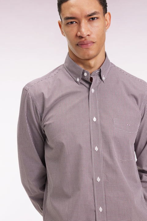 Gingham shirt in burgundy cotton poplin, straight cut - Image 1