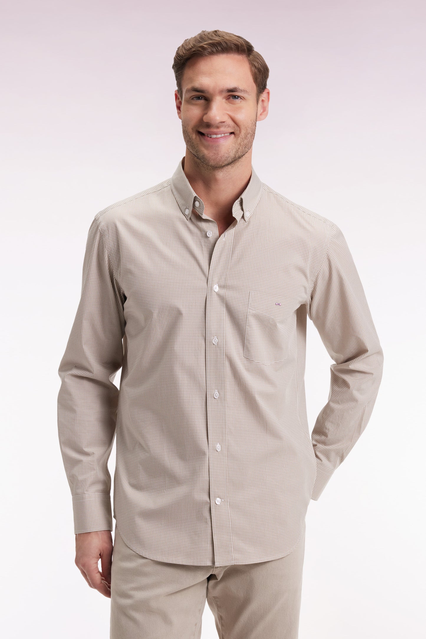 Chemise vichy en popeline de coton beige coupe droite